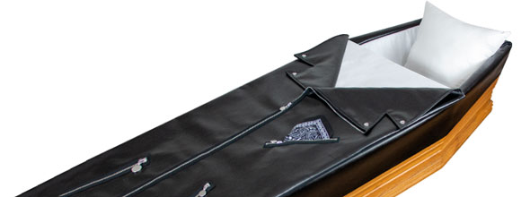 capiton pour cercueil funéraire en simili cuir noir avec poche souvenir - capitons funéraires HYODALL fabrication française